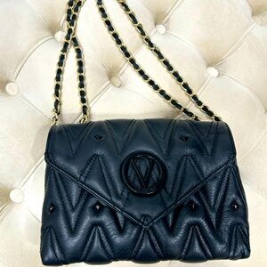 Mario Valentino Poisson Quilted Black Leather Cross Body Bag
